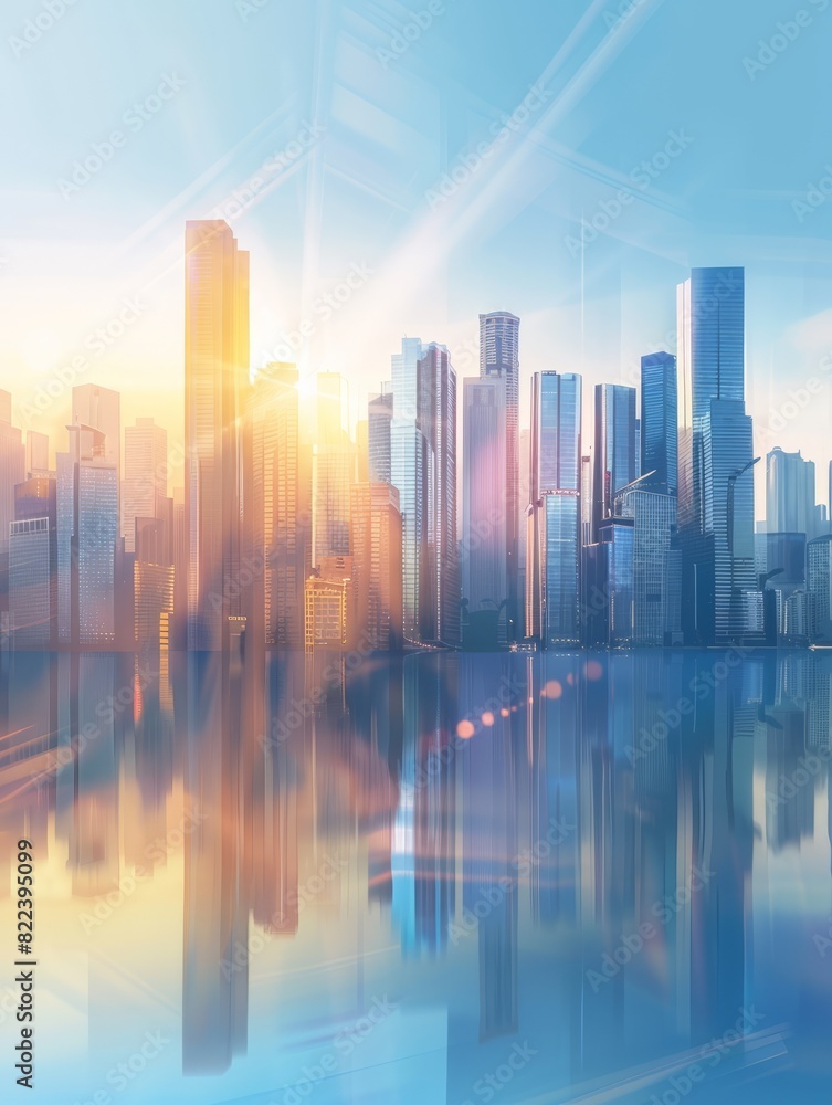 Picture of modern skyscrapers of a smart city, futuristic financial district with buildings and reflections , blue color background for corporate and business template with warm sun rays of light