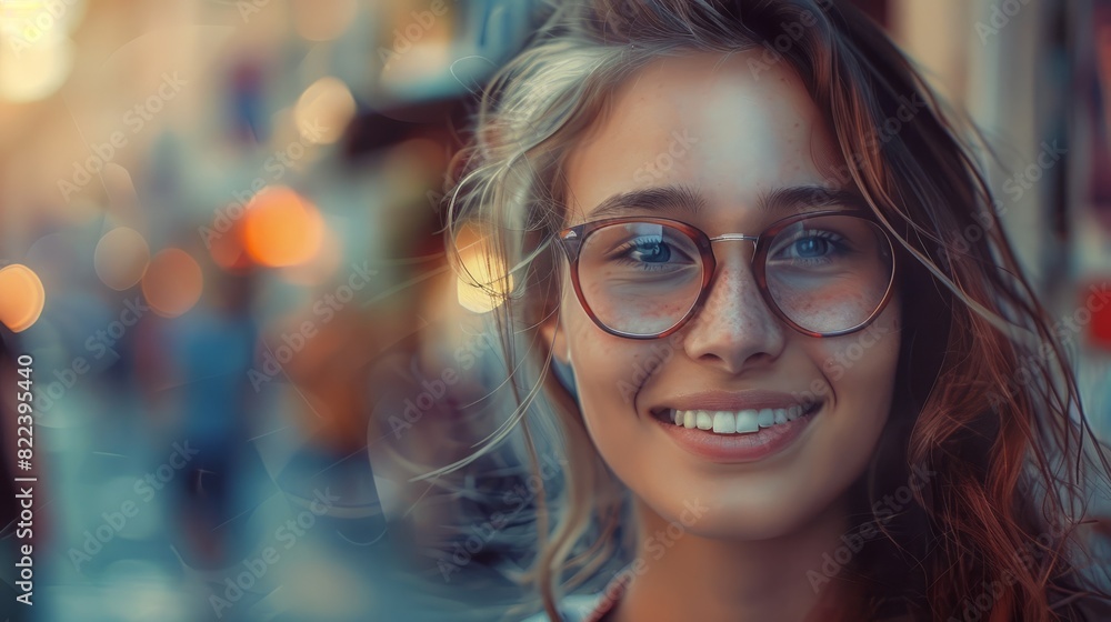 Portrait of a beautiful smiling girl with glasses on the street of a city. Generative ai image. Portrait of a beautiful smiling girl with glasses on the street of a city. Generative ai image.