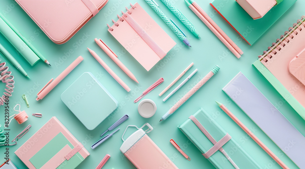 A flat lay composition of pastel stationery items on an aqua background, including notepads and pencils, creating a charming aesthetic for school or work supplies. The items are arranged in the style A flat lay composition of pastel stationery items on an aqua background, including notepads and pencils, creating a charming aesthetic for school or work supplies. The items are arranged in the style