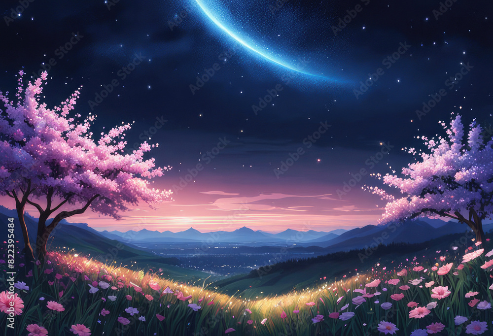 Generative AI, Beautiful Cinematic scenery of a of night beauty flower fields with beauty sky, beautiful meteor shower, cool niji anime landscape, Stunning views of Niji Anime flowers in blooms Generative AI, Beautiful Cinematic scenery of a of night beauty flower fields with beauty sky, beautiful meteor shower, cool niji anime landscape, Stunning views of Niji Anime flowers in blooms