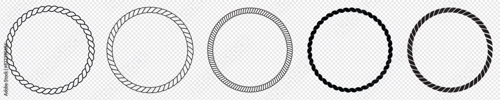 Round rope curve symbol set. Different thickness circular ropes set for decoration. Vector isolated on transparent background. Round rope curve symbol set. Different thickness circular ropes set for decoration. Vector isolated on transparent background.