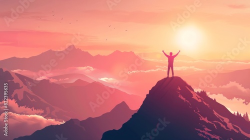 Positive man celebrating on mountain top, with arms raised up, Generative AI illustration photo