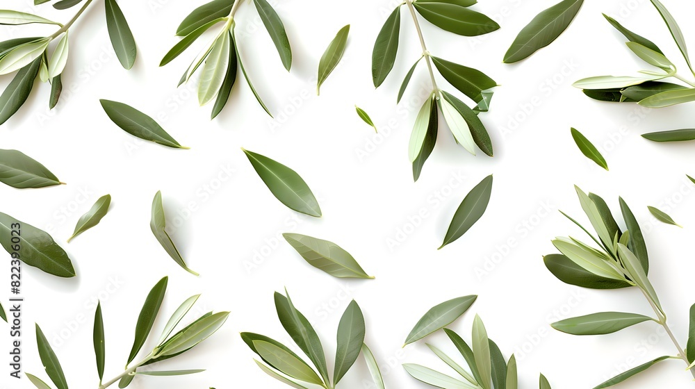 Fresh olive branches scattered on white background, minimalistic natural design. Perfect for eco-friendly and botanical themes. Ideal for wallpaper or textile design. Simple, clean, organic. AI Fresh olive branches scattered on white background, minimalistic natural design. Perfect for eco-friendly and botanical themes. Ideal for wallpaper or textile design. Simple, clean, organic. AI