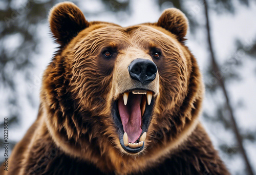 Portrait of a brown bear with open mouth. Close-up of a brown bear's head ready to attack