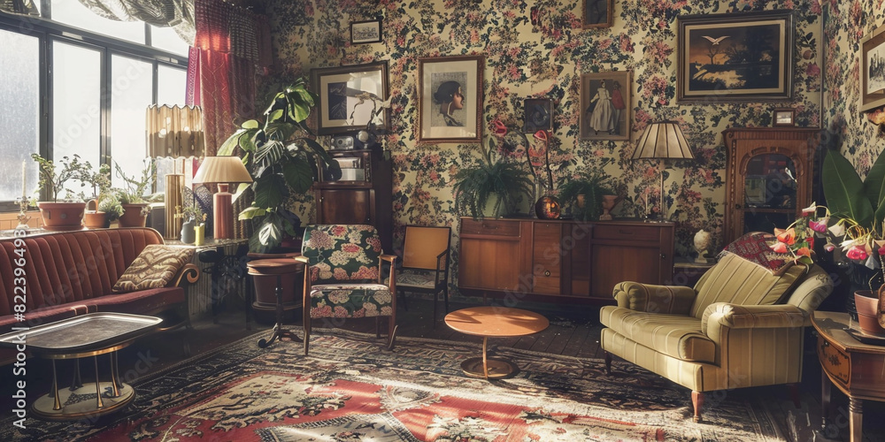A vintage-inspired apartment with retro furniture, patterned wallpaper, and eclectic decor, evoking nostalgia and charm.