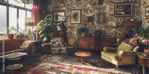 A vintage-inspired apartment with retro furniture, patterned wallpaper, and eclectic decor, evoking nostalgia and charm. photo