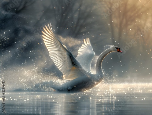 Elegant Swan in Tranquil Sunset Lake Shrouded by Dusty Particles in Trace Monotone Style photo