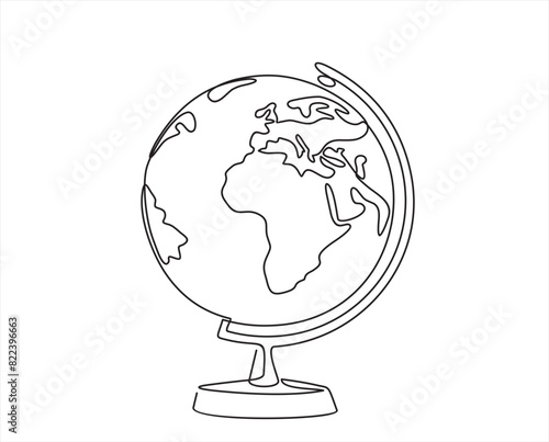 Earth globe on desk. Continuous one line drawing minimalist vector illustration design on white background. Isolated simple line modern graphic style. 