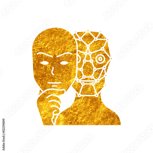 Deep fake concept robot wearing human face mask drawing in gold color style