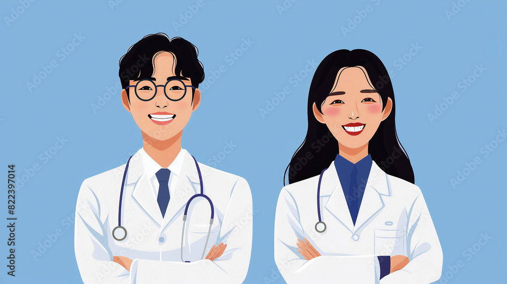 Two smiling Asian doctors woman and man in white lab coat on a blue background. Medicine and ethnic diversity concept. Two smiling Asian doctors woman and man in white lab coat on a blue background. Medicine and ethnic diversity concept.