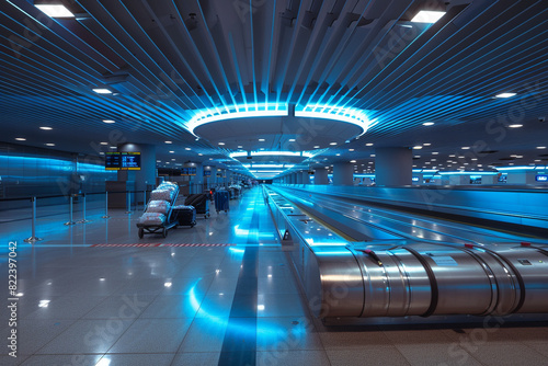 An airport baggage claim area with carousel conveyors, luggage carts, and electronic monitors indicating flight arrivals, where passengers eagerly await the retrieval of their belongings.