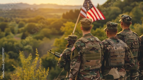 A group of military personnel in uniform holding the American flag during a Flag Day ceremony, with a scenic landscape in the background photo