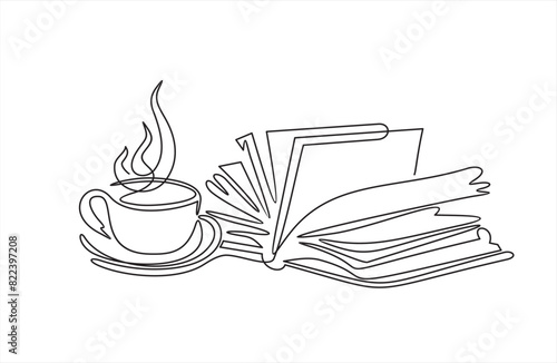 Continuous line drawing of book and coffee, vector illustration, one line