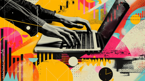 Photo collage of a business woman using laptop at the office and colorful graphic elements around