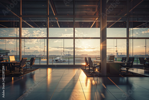 An airport business center with private meeting rooms, high-speed internet access, and ergonomic workstations, catering to business travelers needing to stay productive on the go.