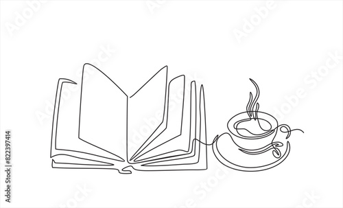 Continuous line drawing of book and coffee, vector illustration, one line