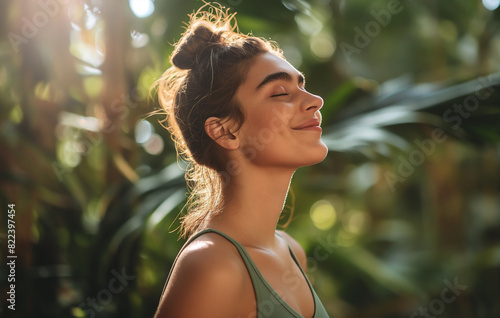 close up portrait of an attractive fitness woman in green sportswear doing a breathing exercise at a park, her eyes closed and with a happy expression