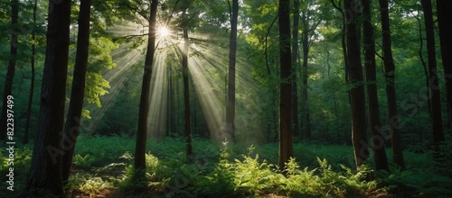 beautiful rays of sunlight in a green forest    morning in the forest