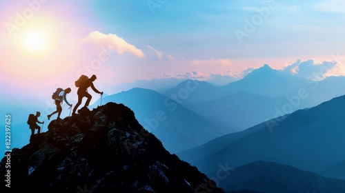 Silhouette of Male and female hikers climbing up mountain top and one of them giving helping hand. People helping and, team work concept