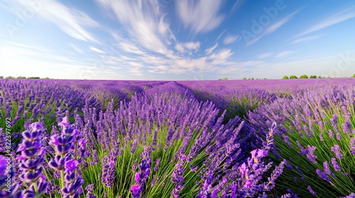 A field of vibrant lavender stretching to the horizon, the fragrant blooms swaying gently in the breeze beneath a sky painted with wispy clouds. 32k, full ultra HD, high resolution