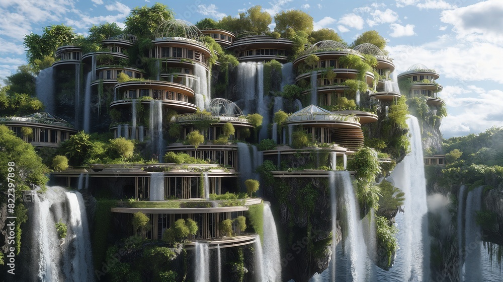 A floating island paradise crafted by AI architects, featuring gravity-defying structures surrounded by cascading waterfalls. 32k, full ultra HD, high resolution