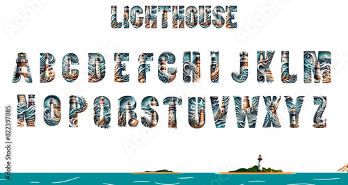 Maritime font made of lighthouse architecture and tempestuous waves