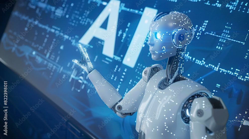 © Sergio - a humanoid robot in white with blue elements pointing at the words 'AI” © Sergio - a humanoid robot in white with blue elements pointing at the words 'AI”