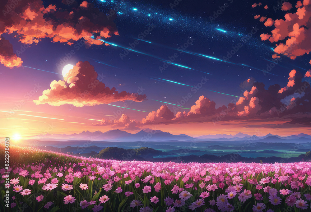 Generative AI, Beautiful Cinematic scenery of a of night beauty flower fields with beauty sky, beautiful meteor shower, cool niji anime landscape, Stunning views of Niji Anime flowers in blooms Generative AI, Beautiful Cinematic scenery of a of night beauty flower fields with beauty sky, beautiful meteor shower, cool niji anime landscape, Stunning views of Niji Anime flowers in blooms