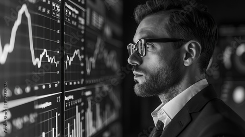 A private equity firm analyst preparing investment strategies on a chart board, side view, blending data and strategy, advanced tone, black and white
