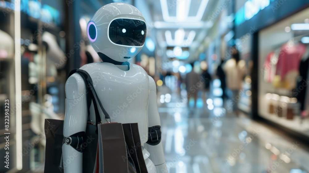 A robot navigates through a busy mall while carrying a shopping bag. A robot navigates through a busy mall while carrying a shopping bag.
