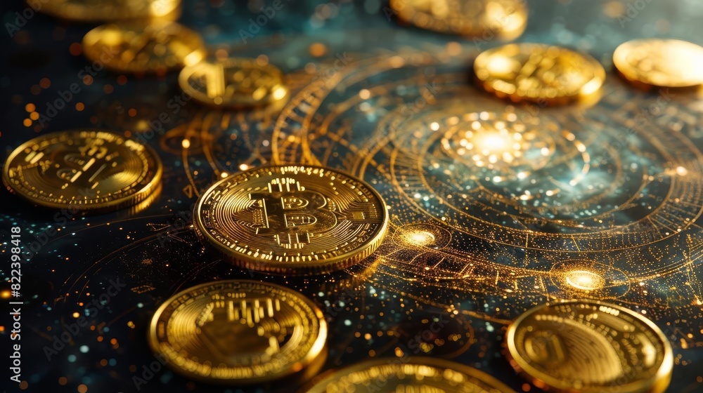 Golden bitcoins scattered on a cosmic-themed background, depicting the futuristic and digital nature of cryptocurrency and blockchain technology. Golden bitcoins scattered on a cosmic-themed background, depicting the futuristic and digital nature of cryptocurrency and blockchain technology.
