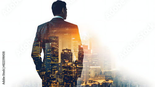 Double exposure of a businessperson in a suit with blending into an urban cityscape