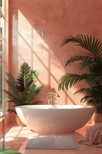 A warm coralcolored wall with an elegant bathtub in the center  surrounded by lush green plants and modern decor