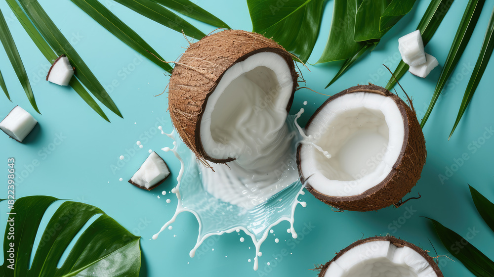 coconut halves with milk splash on a blue background coconut halves with milk splash on a blue background
