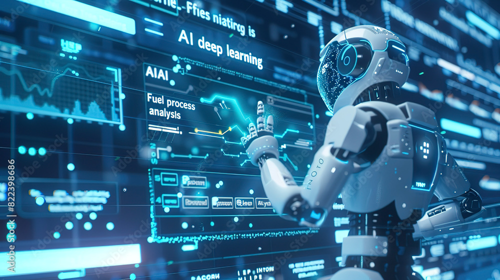 a humanoid robot in white with blue elements pointing at the words a humanoid robot in white with blue elements pointing at the words