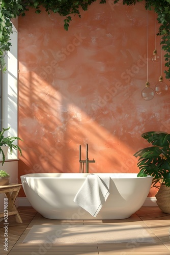 A warm coralcolored wall with an elegant bathtub in the center, surrounded by lush green plants and modern decor photo