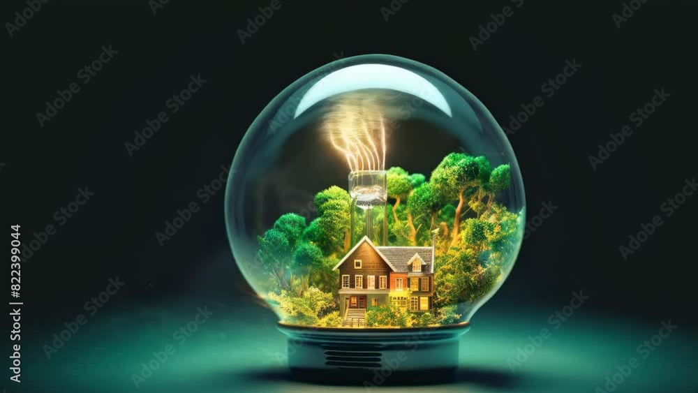 A miniature forest and house encapsulated within a glass light bulb, glowing in the dark. The scene is vibrant with green trees, warm lighting, symbolizing sustainability and the fragility of nature.