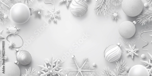 White New Year's balls on a white background. Frame of Christmas balls, Christmas background in whit
