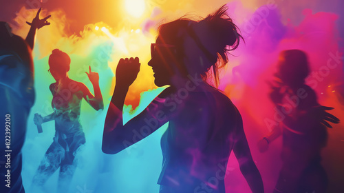 A young woman is dancing at a party. She is surrounded by colorful smoke. The woman is wearing a black dress and has her hair in a ponytail. She is smiling and looks happy.