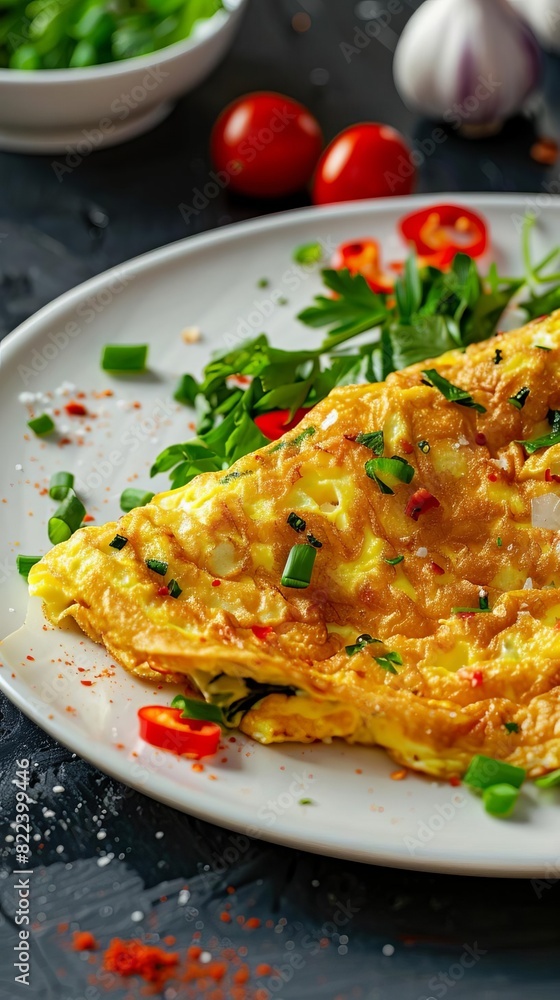 Top view photo of a homemade Thaistyle omelette served on a white plate, ready to be enjoyed Top view photo of a homemade Thaistyle omelette served on a white plate, ready to be enjoyed