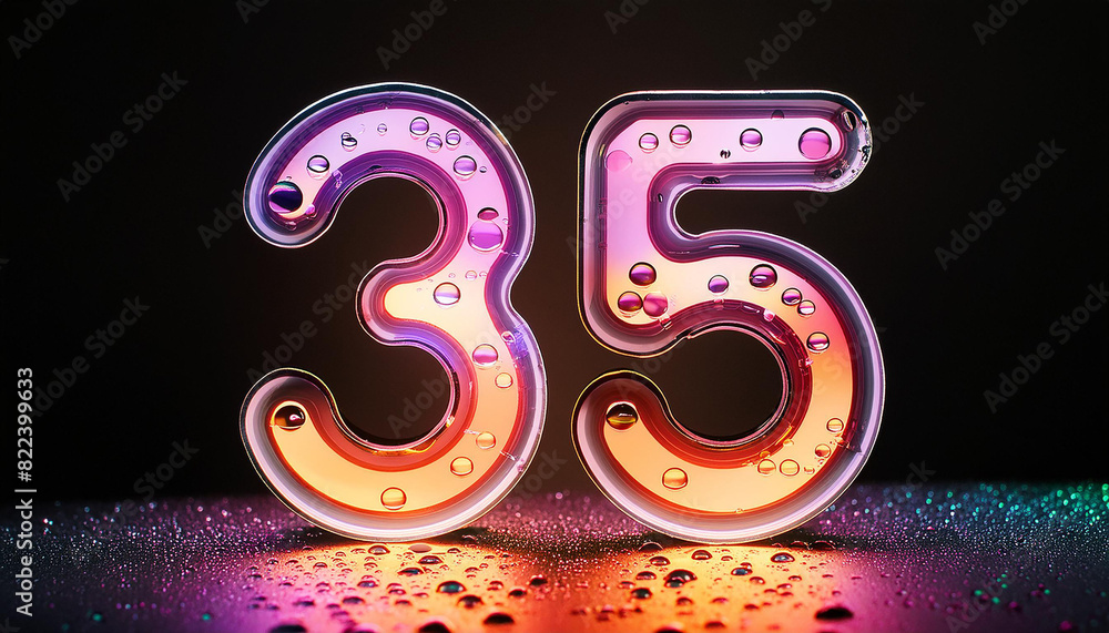 Abstract number thirty five, futuristic glossy 35 symbol, water droplets. Neon colors. 3D rendering Abstract number thirty five, futuristic glossy 35 symbol, water droplets. Neon colors. 3D rendering