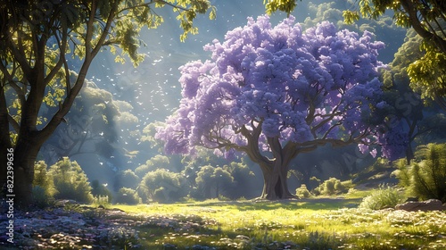 A serene park scene with a flowering Jacaranda tree providing shade, surrounded by lush green grass and blooming flowers, inviting relaxation and contemplation. List of Art Media Photograph inspired #822399636