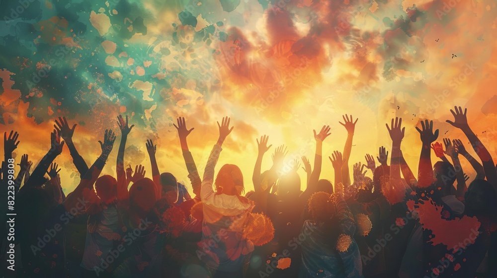Artwork of a group of people celebrating with raised hands, symbolizing shared success and achievement Artwork of a group of people celebrating with raised hands, symbolizing shared success and achievement
