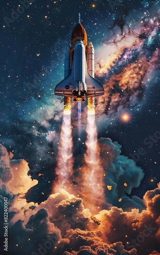 Artwork of a rocket launching into space, representing ambition and reaching new heights of success
