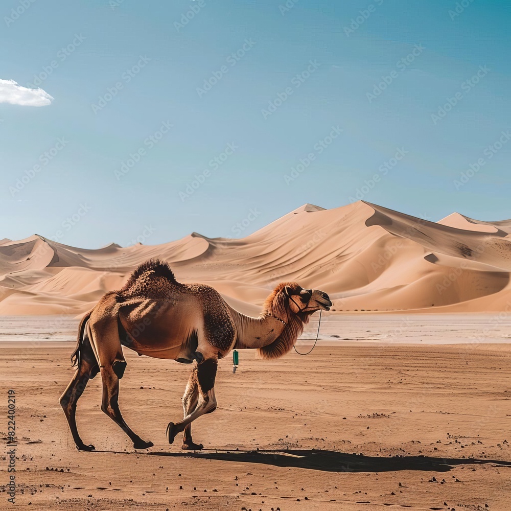 Fototapeta premium A wild Bactrian camel walking across the arid Gobi Desert, with sand dunes and a clear blue sky in the background