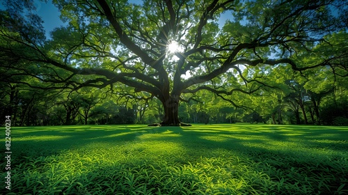 The Angel Oak tree surrounded by a carpet of vibrant green grass, with sunlight filtering through the canopy and casting dappled shadows on the forest floor. List of Art Media Photograph inspired by