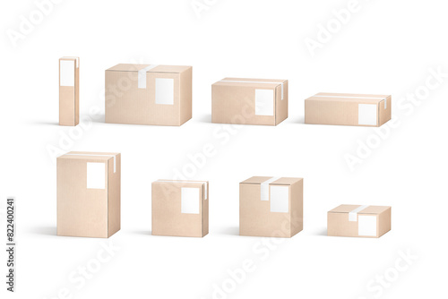 Blank white shipping label on craft box mockup, different shapes