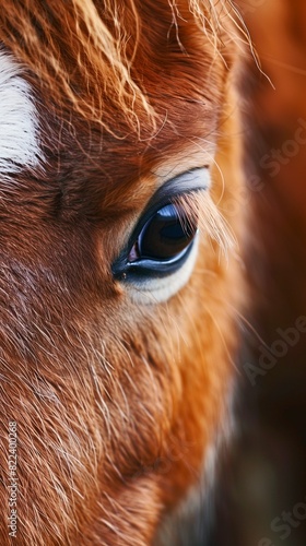 A close up of a horse's eye with a brown and white face