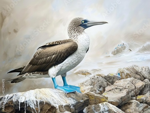 A bluefooted booby performing a courtship dance on a rocky shore, with its bright blue feet on display photo