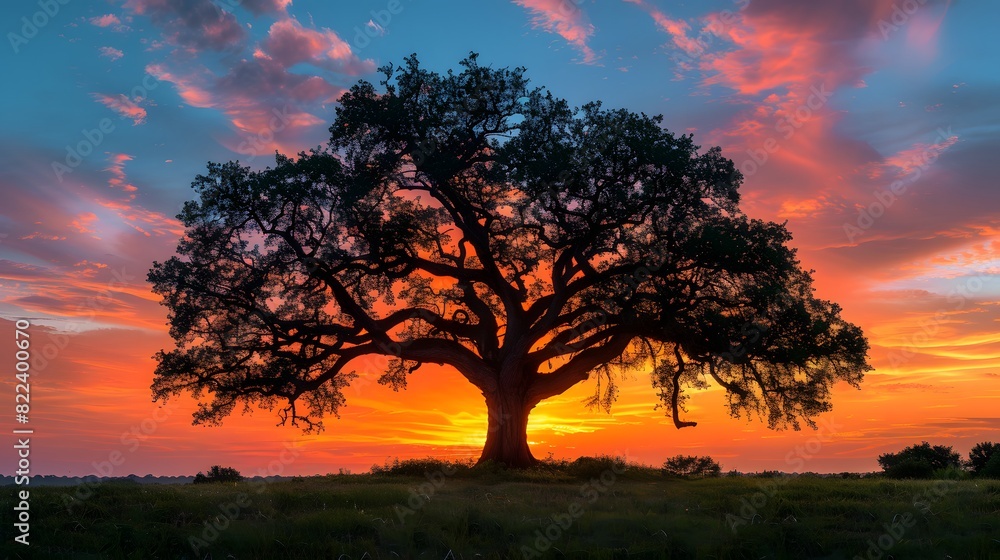 The Angel Oak tree at sunset, with vibrant hues of orange and pink painting the sky behind its silhouette, creating a breathtaking scene. List of Art Media Photograph inspired by Spring magazine
